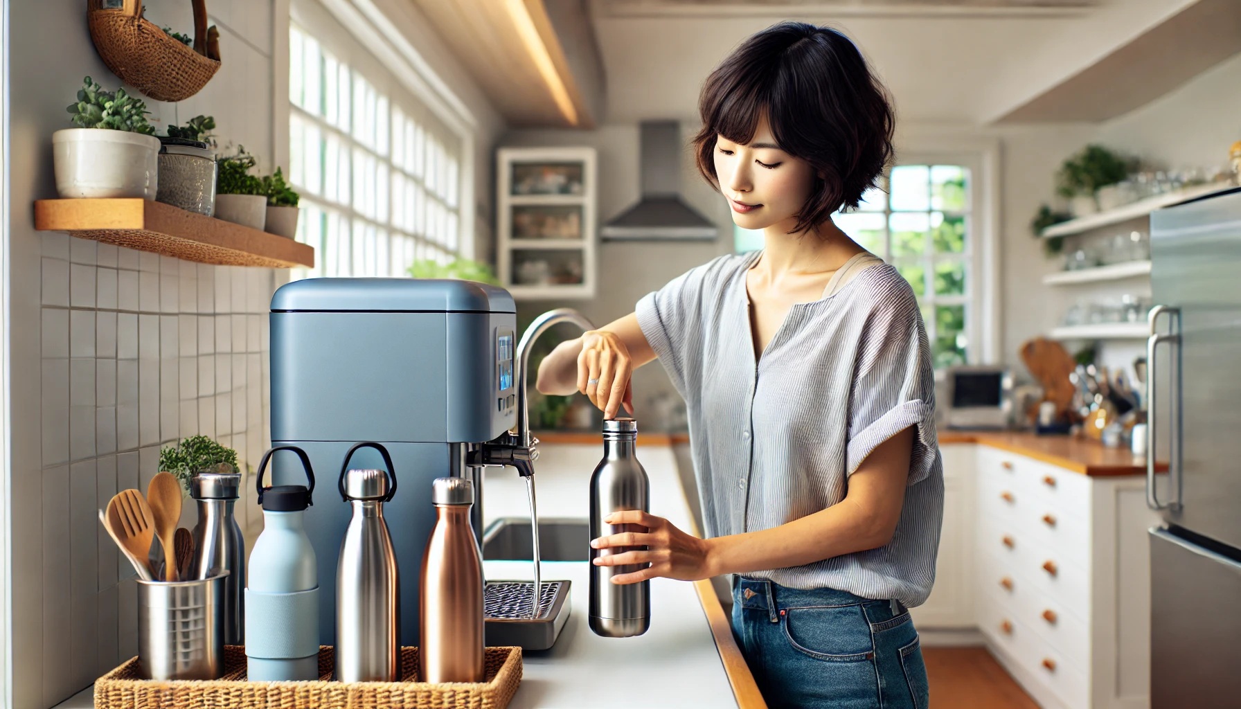 ウォーターサーバーの水を水筒に入れる女性