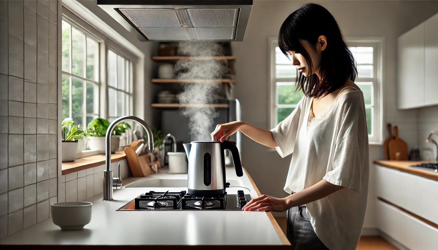 キッチン、ポットでお湯を沸かしている女性