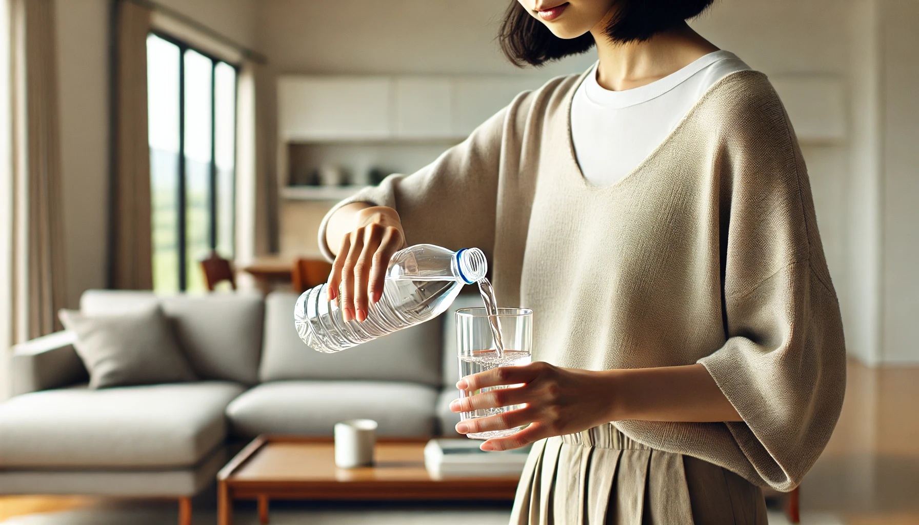 コップに水を注ぎ飲む女性