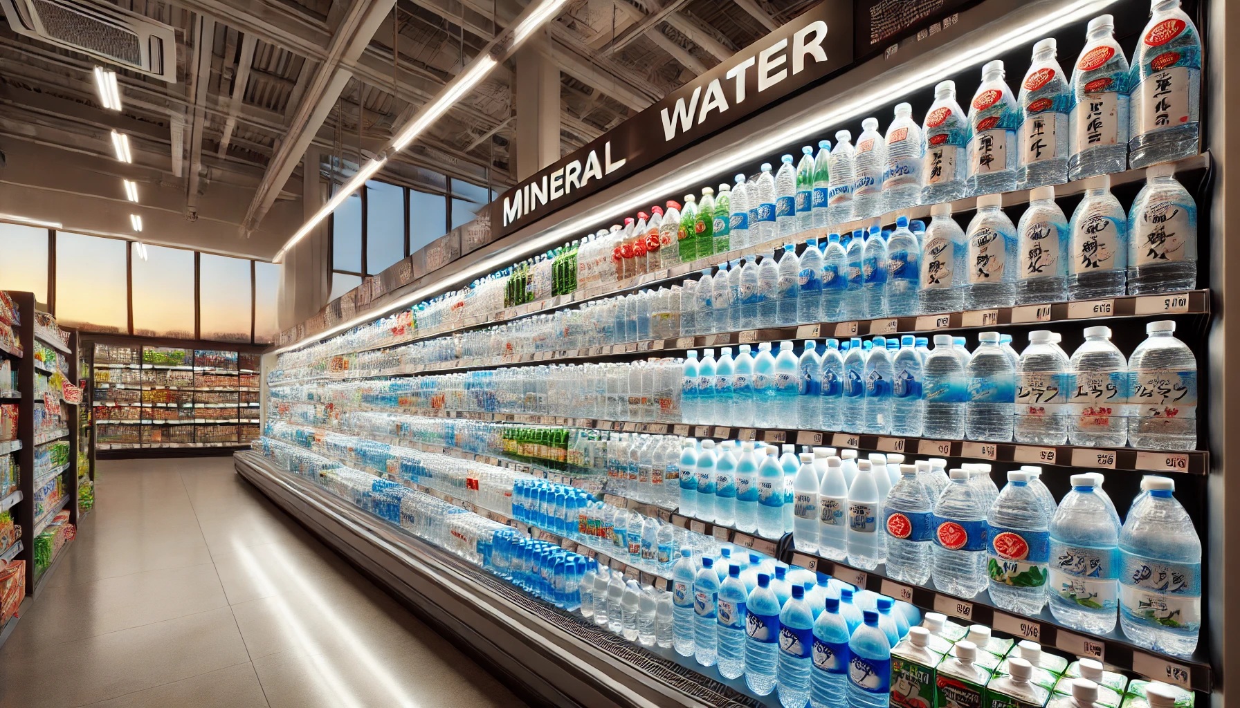 スーパーやコンビニに陳列されているいろいろなブランドの水やミネラルウォーター