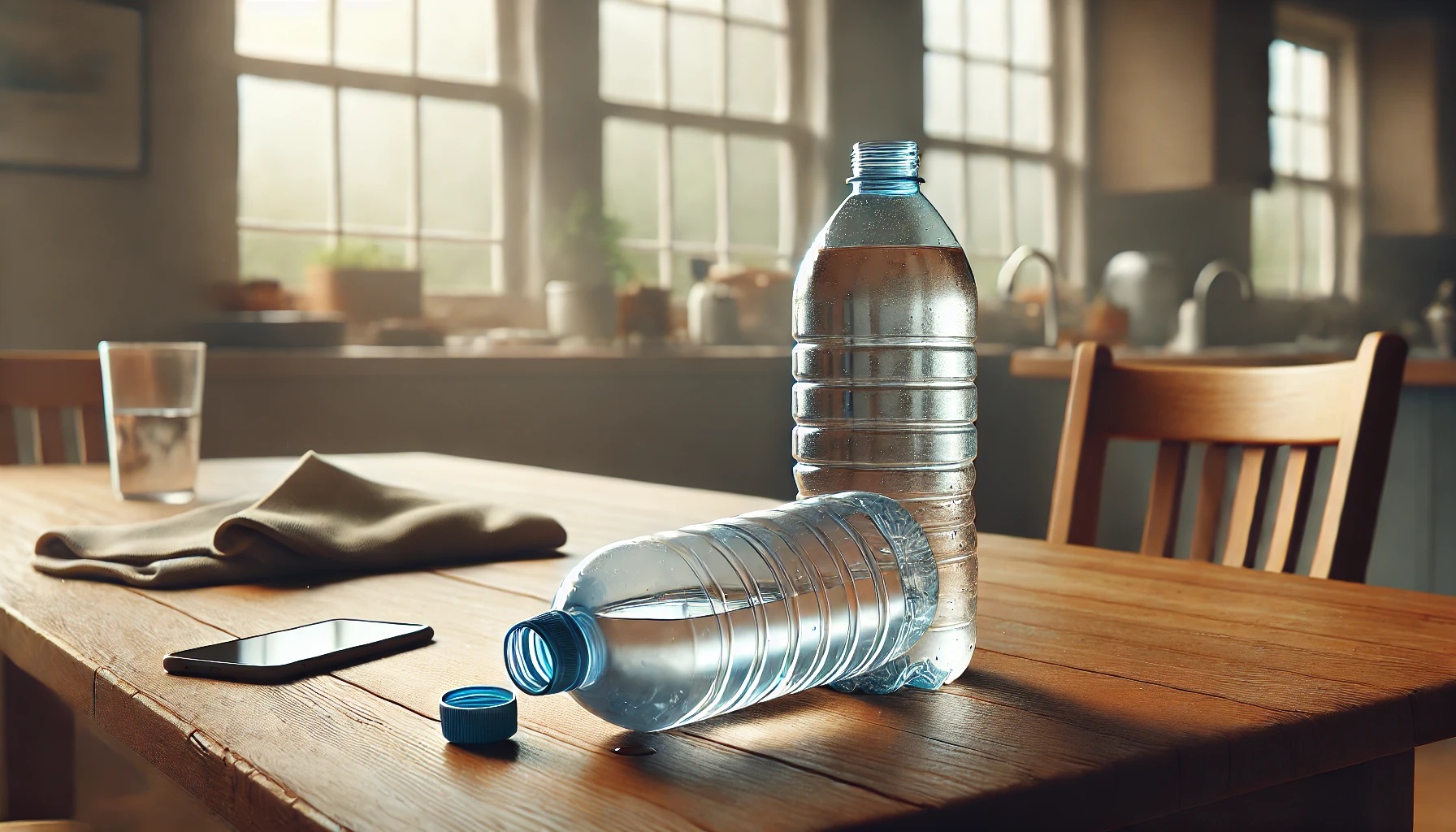 テーブルの上、飲みかけのペットボトルの水