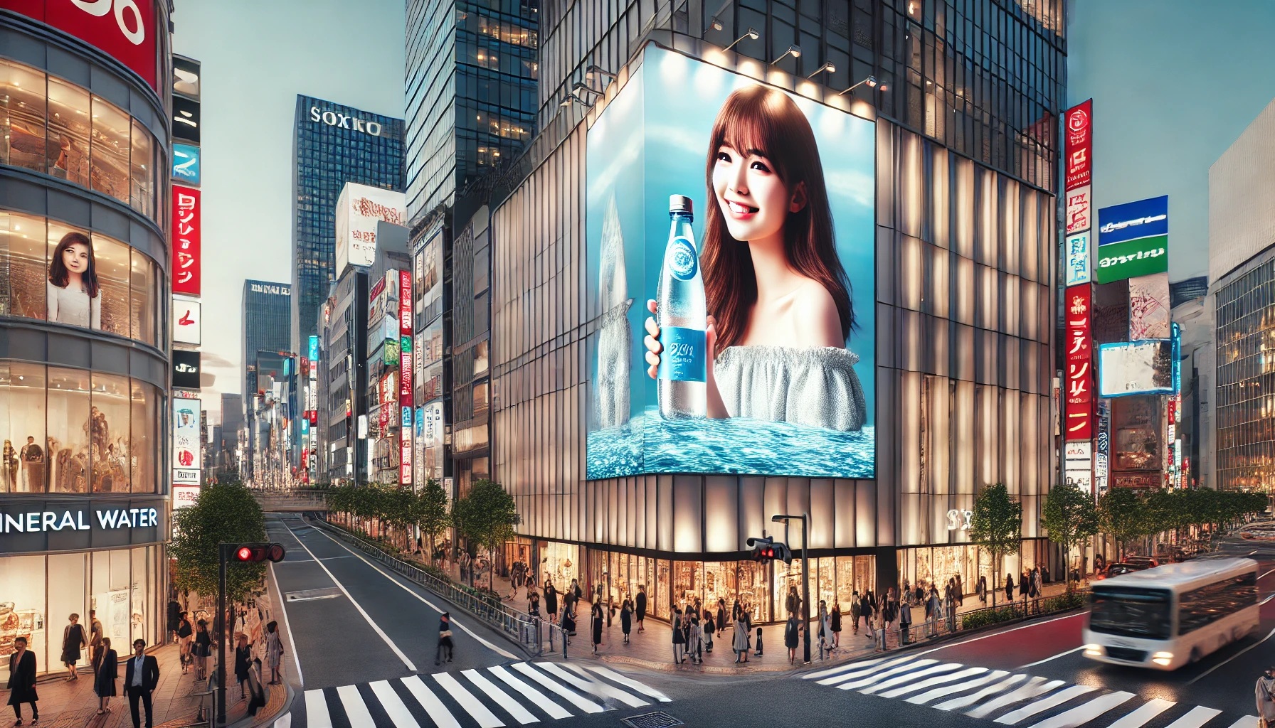 ビルに映し出された水とミネラルウォーターの看板、CM、宣伝広告