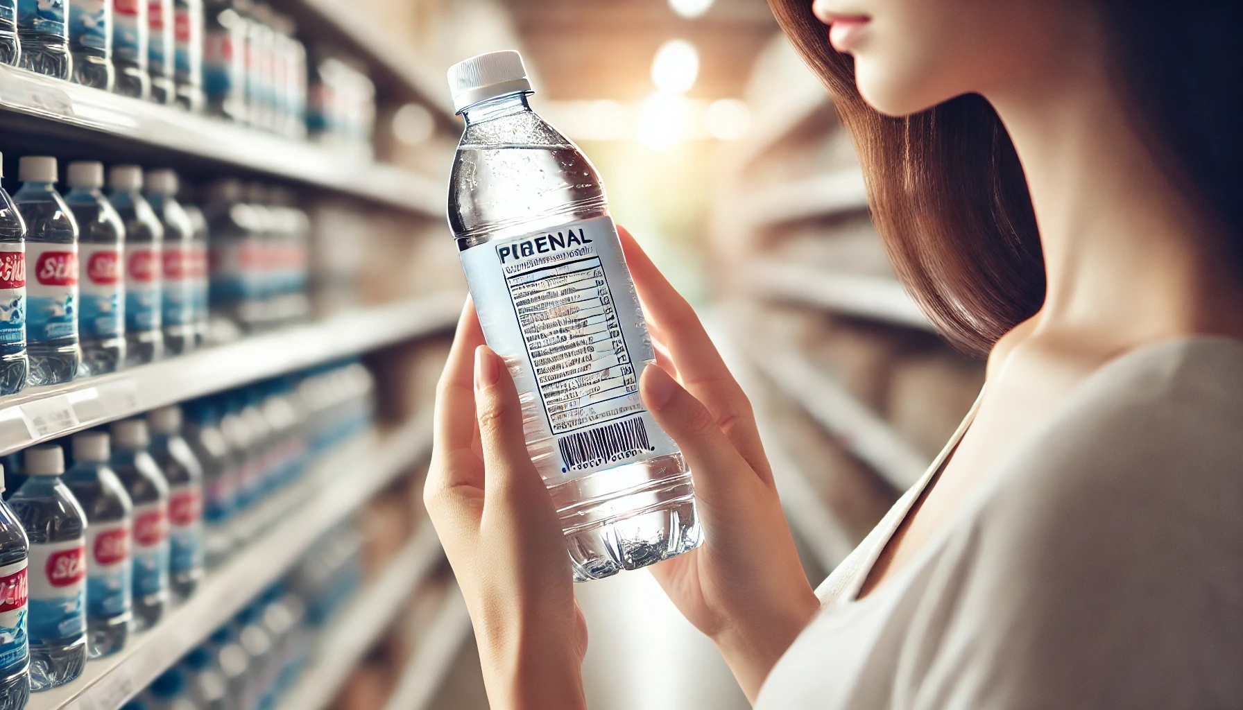 コンビニでペットボトルの水の値段を見る女性