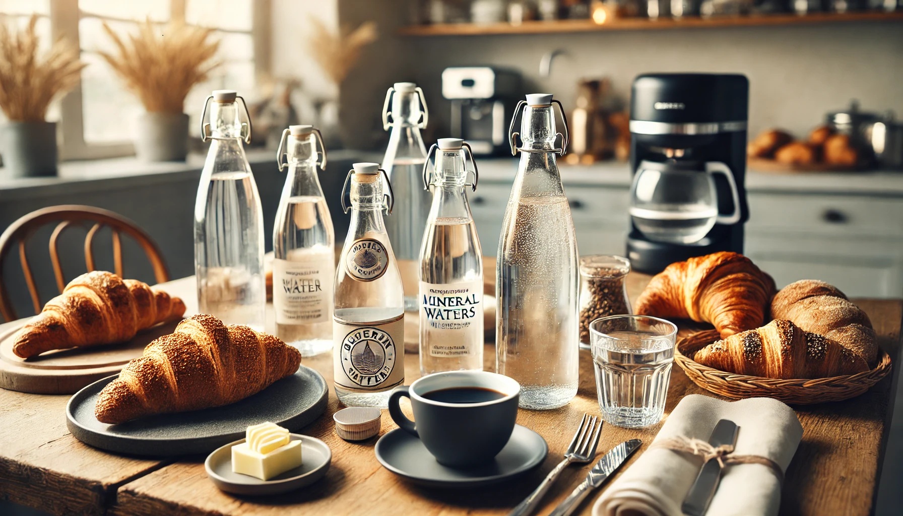 ミネラルウォーターとパン、コーヒーが置かれたキッチンのテーブル