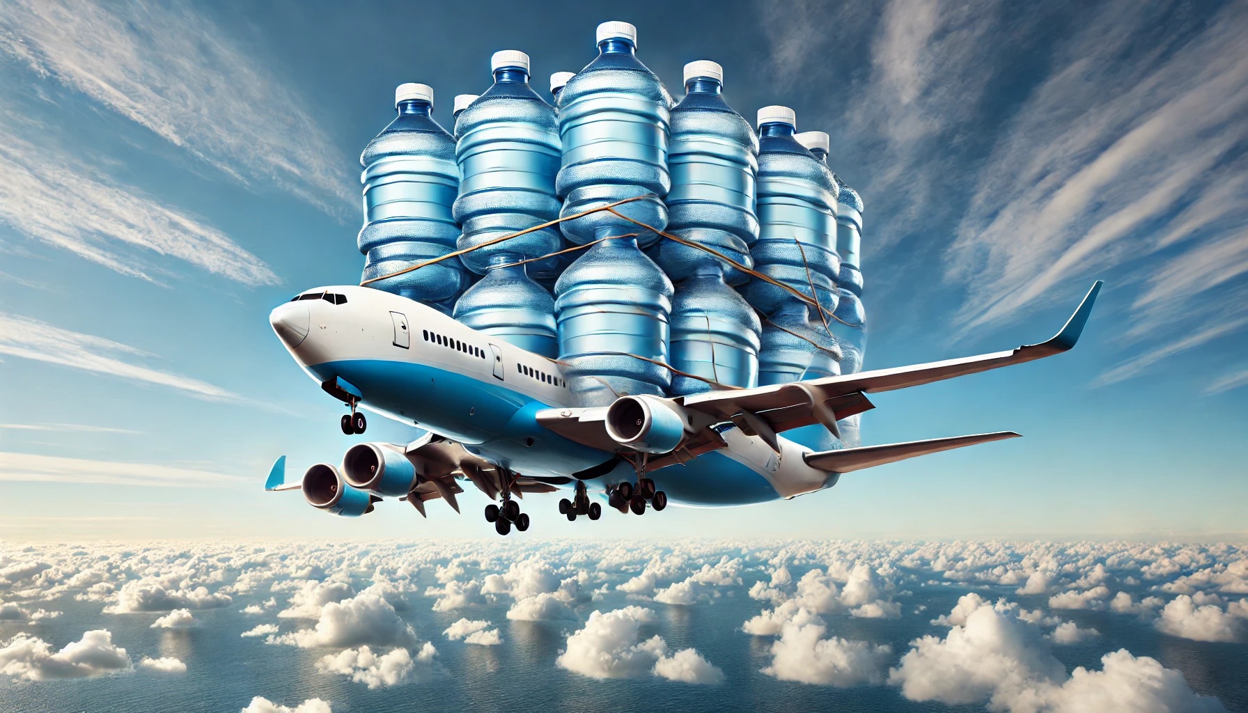 ミネラルウォーターの輸入、空輸、飛行機に積まれたペットボトル