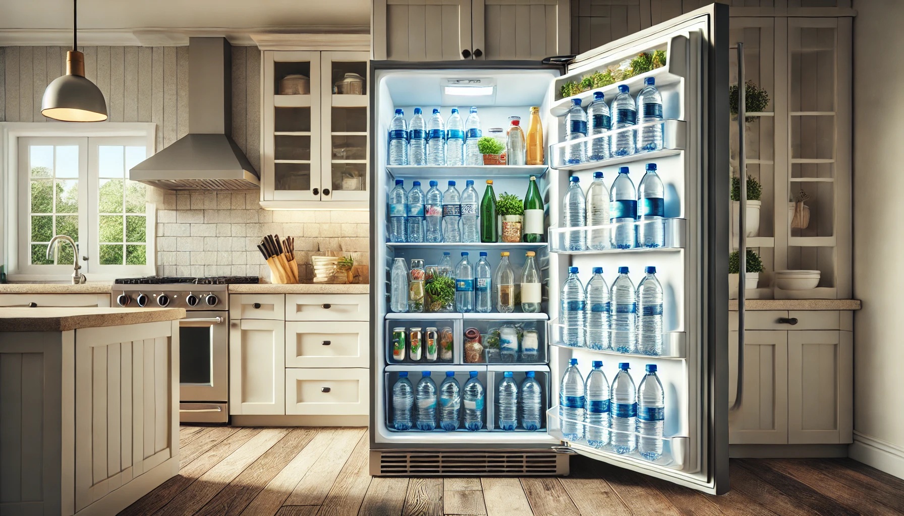 ミネラルウォーターや炭酸水が入ったキッチンの冷蔵庫