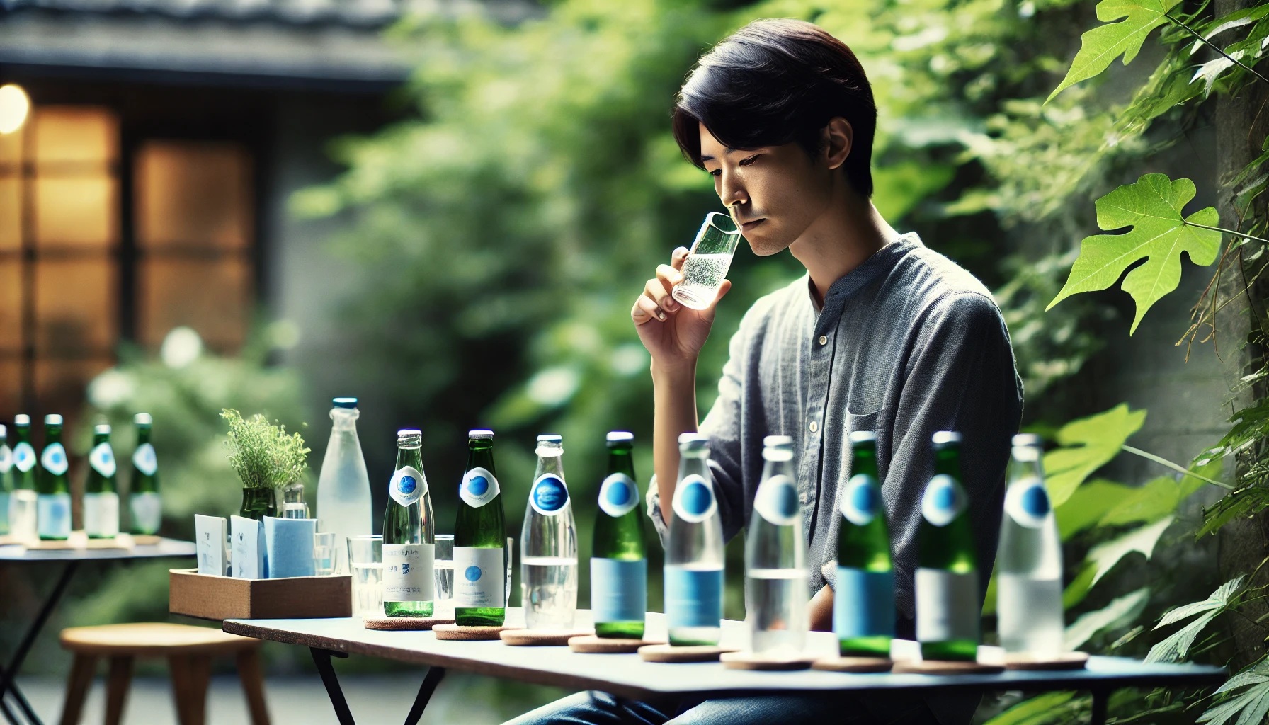 いろいろなミネラルウォーターを飲む男性