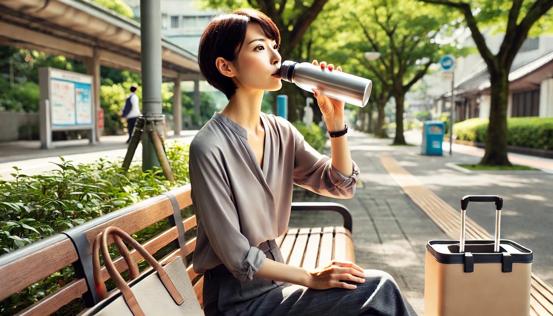 公園のベンチに座り、水筒で水を飲む女性
