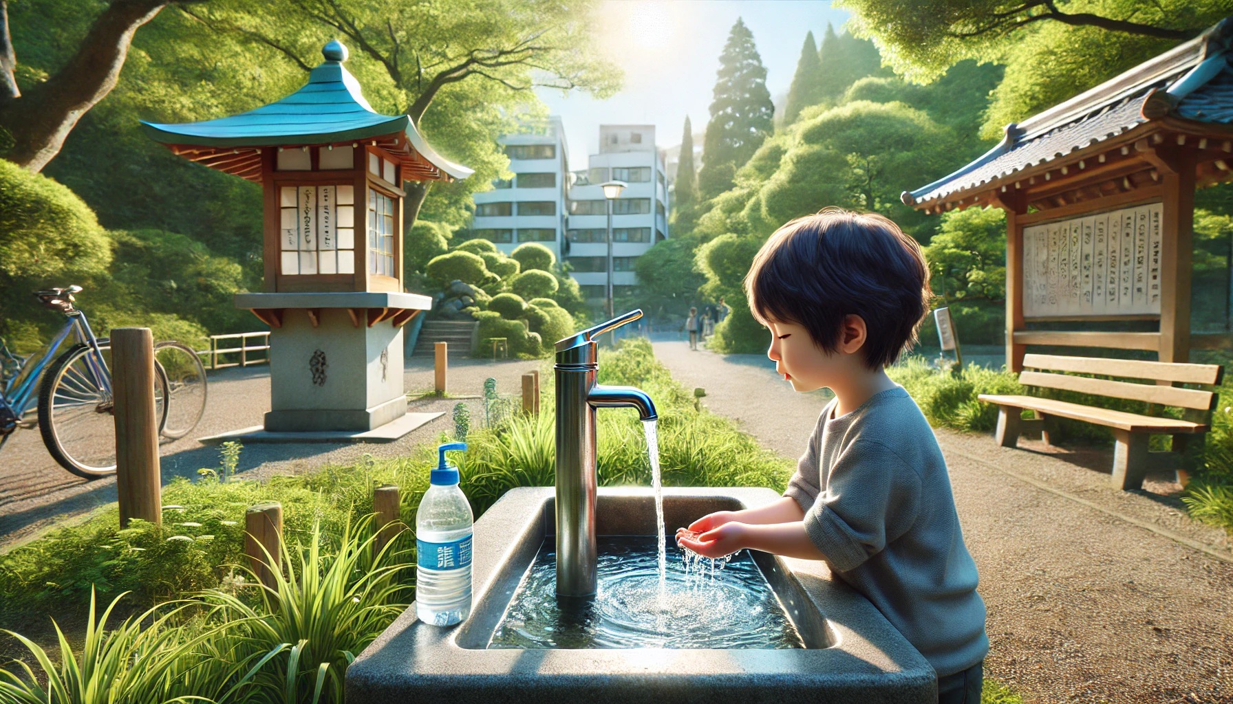 公園の水飲み場で手を洗う子ども