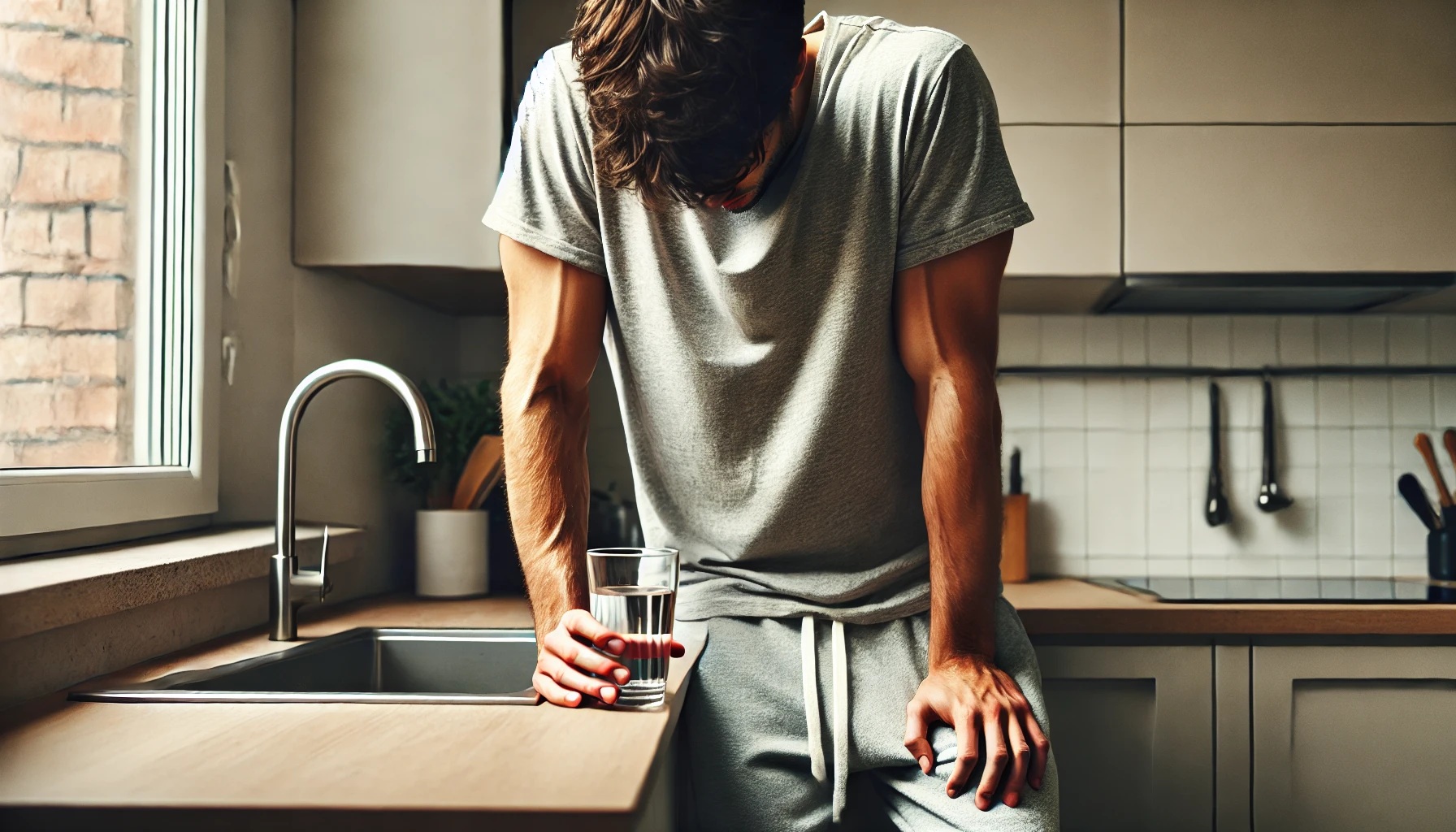 具合悪そうな男性が水を飲もうとしている様子