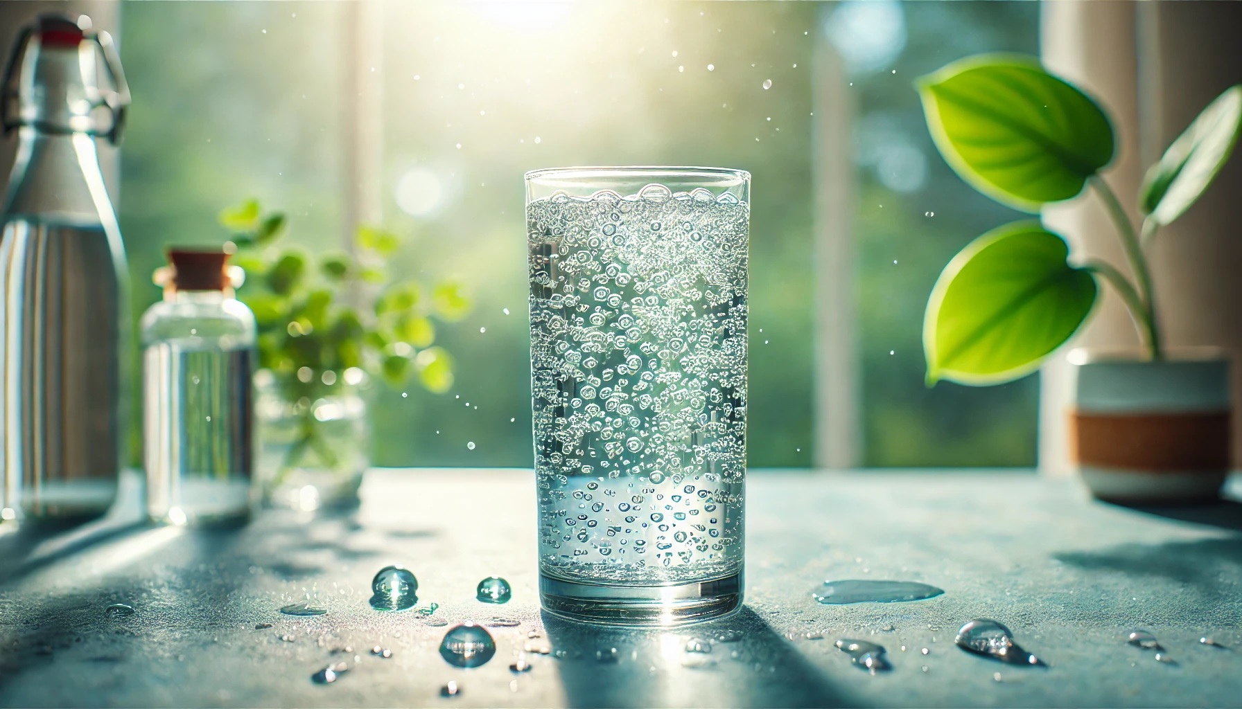 冷えた炭酸水が入ったグラスとペットボトル