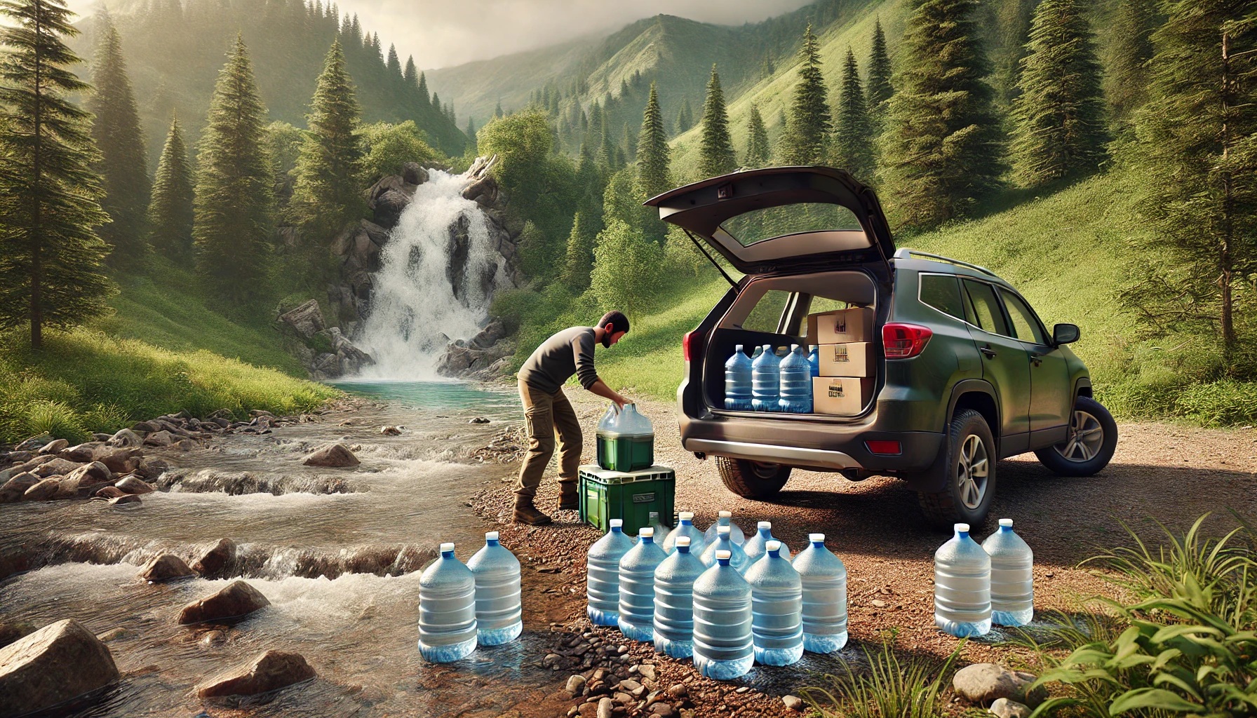 山の湧き水をポリタンクに汲んでいる男性