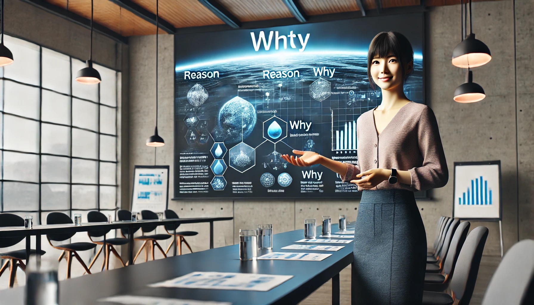 水の疑問について理由や原因を説明する女性