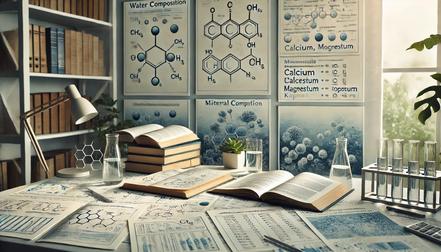 水やミネラルの成分について書かれた資料、論文や本が置かれた机の上