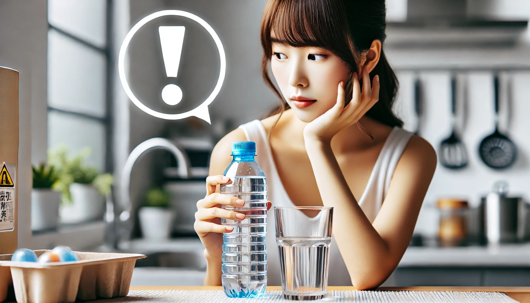 水を飲み、何か注意点やポイントに気づいた女性
