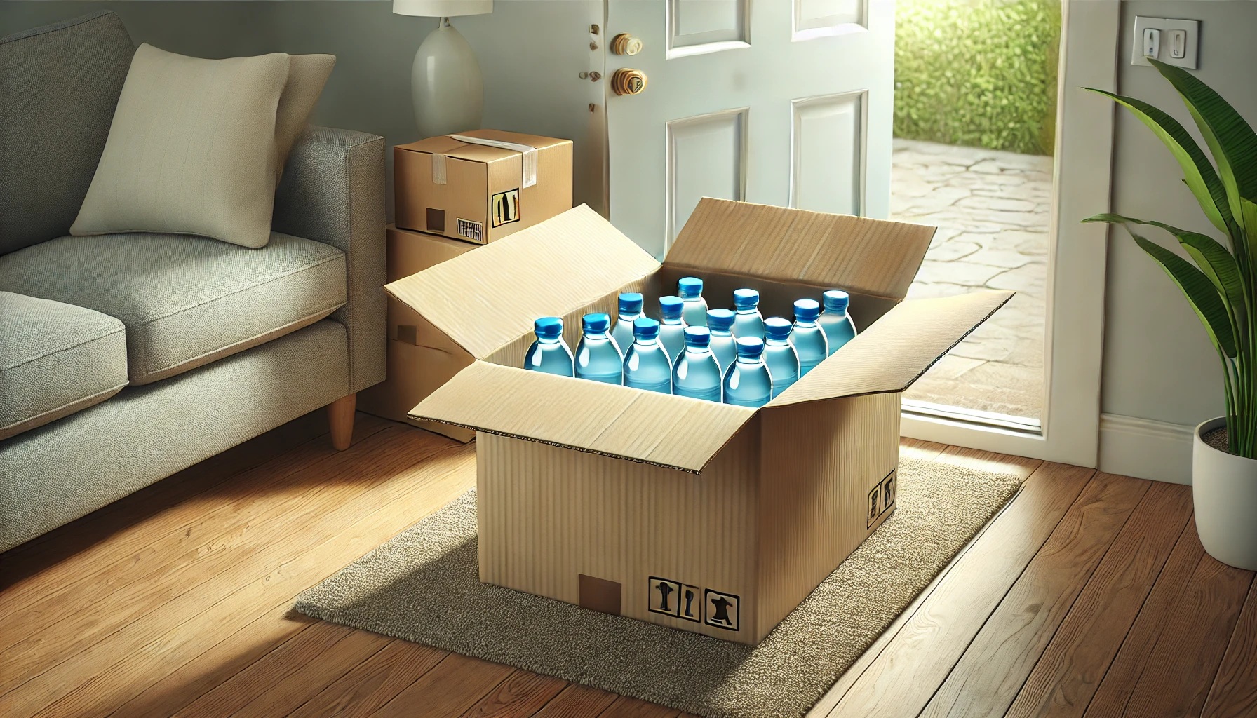 注文していた水が段ボールで届いたところ