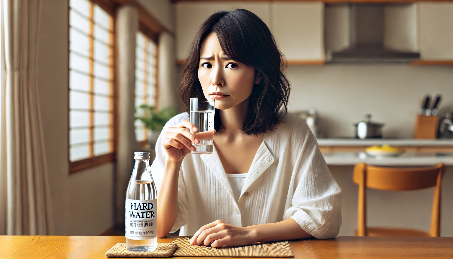 不安そうな表情で水を飲もうとする女性